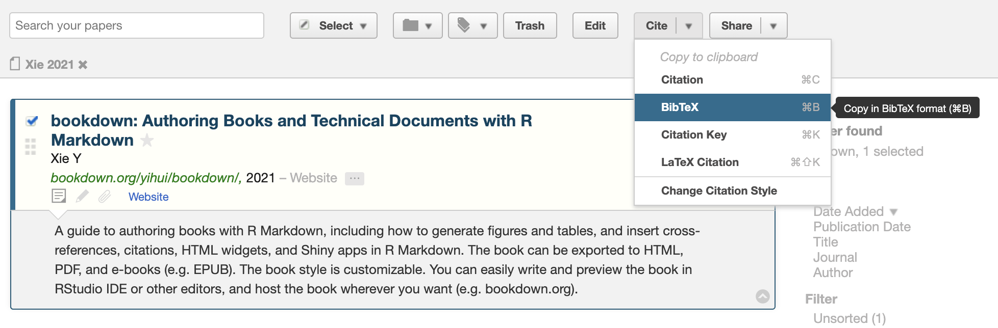A screenshot of selecting BibTex in PaperPile.