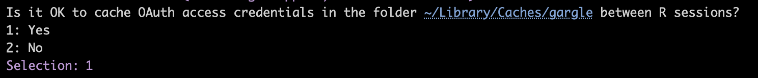 A screenshot of the R console. The prompt is asking the user if it is ok to to cache OAuth access credentials in the folder ~/Library/Caches/gargle between R sessions.
